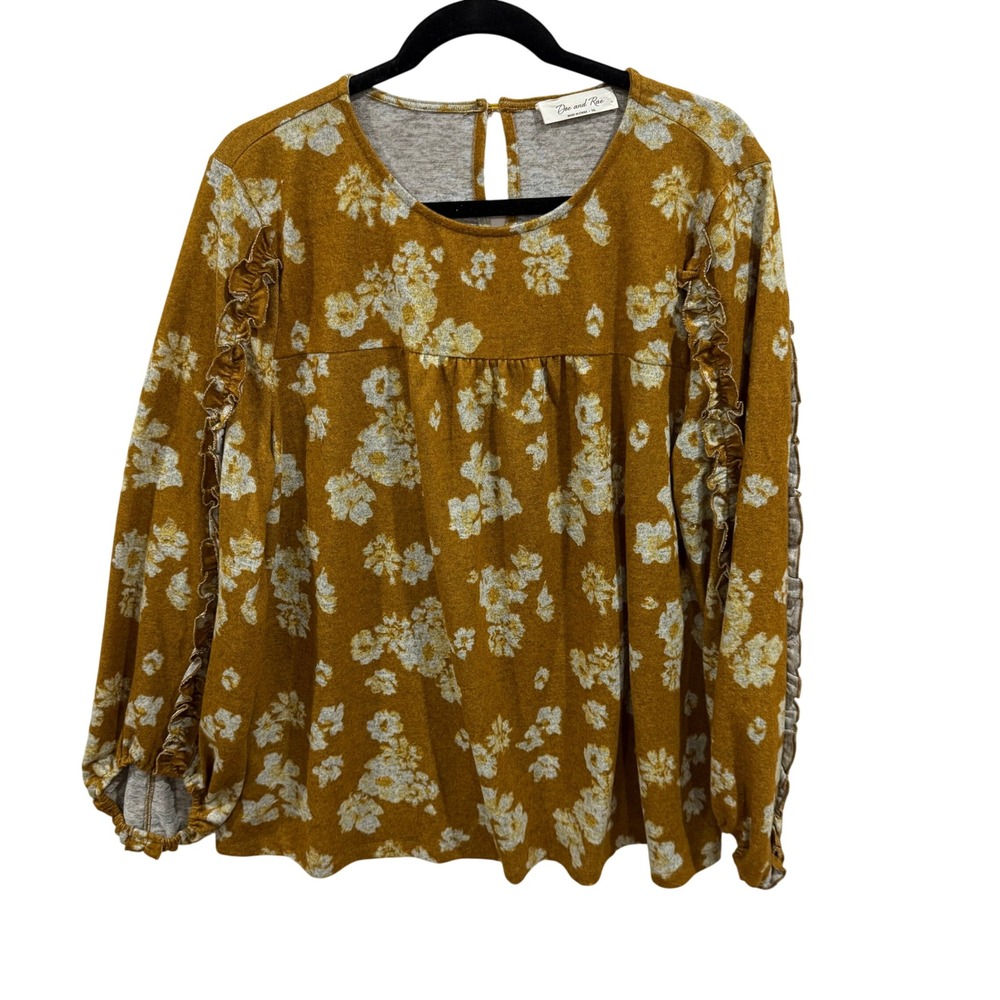 Doe and Rae Mustard Yellow Floral Ruffle Long Sleeve Top 1XL 41963TPL-2